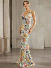 Formal V Neck Sequin Floral Maxi Dress