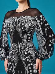 Ballon Sleeve Floral Sequin Mermaid Formal Dress