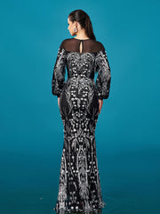 Ballon Sleeve Floral Sequin Mermaid Formal Dress