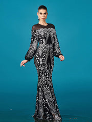 Ballon Sleeve Floral Sequin Mermaid Formal Dress