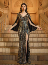 Cape Sleeve Slit V-neck Sequin Prom Dress