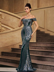 Green Sequin Off Shoulder Graphic Evening Dress