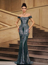 Green Sequin Off Shoulder Graphic Evening Dress