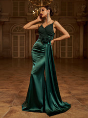Green Floral Draped Satin Backless Prom Dress