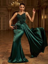 Green Floral Draped Satin Backless Prom Dress