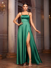 Green Satin Split Back Cross Prom Dress