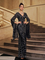 Black Geometric Sequin Bell Sleeve Evening Dress