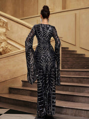 Black Geometric Sequin Bell Sleeve Evening Dress