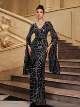 Black Geometric Sequin Bell Sleeve Evening Dress