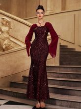 Burgundy Bell Sleeve Sequin Mermaid Prom Dress