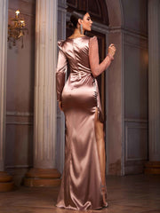 Long Sleeve Panel Satin Prom Dress