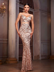 Apricot Sequin Graphic Sexy Cocktail Dress
