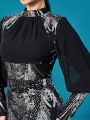 Silver Graphic Sequin Ballon Sleeve Prom Dress