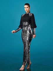 Silver Graphic Sequin Ballon Sleeve Prom Dress