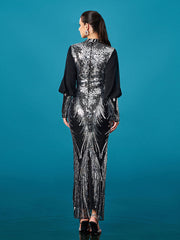 Silver Graphic Sequin Ballon Sleeve Prom Dress