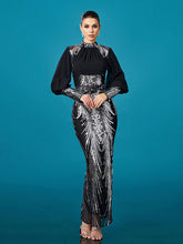 Silver Graphic Sequin Ballon Sleeve Prom Dress