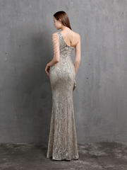 Elegant One-Shoulder Burgundy Sequin Gown