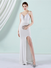 Slit Thigh Backless Green Sequin Formal Dress