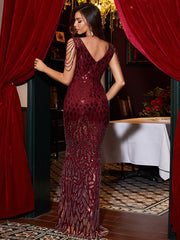 Elegant Ombre V-Neck Beaded Sleeve Mermaid Formal Gown