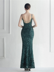 Sexy Side Slit Beaded Back Chains Evening Gown