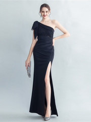 One-Shoulder Bowknot Lace Panel High Slit Evening Gown