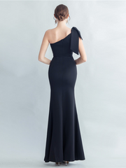 One-Shoulder Bowknot Lace Panel High Slit Evening Gown