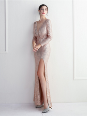 Formal V-Neck Sequin Prom Dress
