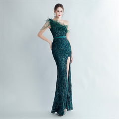One Shoulder Feather Beads Chain Sequin Black Prom Dress