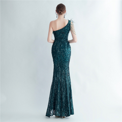 One Shoulder Feather Beads Chain Sequin Black Prom Dress