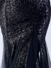 V-neck Panel Ruffle Backless Sequin Prom Dress