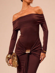 Off Shoulder Draped Long Sleeve Dress