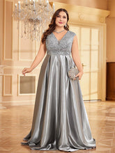 Plus Gray Panel V-neck A-line Prom Dress