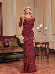 Burgundy Short Sleeve Embroidered Prom Dress