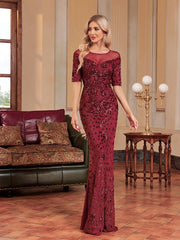 Burgundy Short Sleeve Embroidered Prom Dress