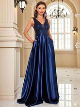 Blue V-neck Satin A-line Prom Dress