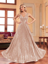 Sequin Pleated A-line V-neck Prom Dress
