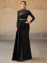 Elegant Mesh Beaded Satin Turtleneck Evening Dress