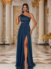 One Shoulder Mesh Pleated Prom Dress