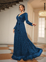 Long Sleeve Wrap A-line Prom Dress