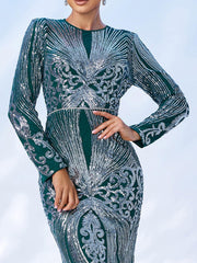 Green Geometric Sequin Long Sleeve Dress