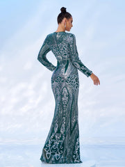 Green Geometric Sequin Long Sleeve Dress