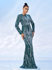 Green Geometric Sequin Long Sleeve Dress
