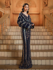 Bat-sleeve V-neck Leaf Sequin Loose Dress