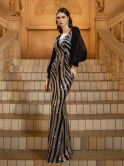 Black Striped Split Sequin Prom Dress