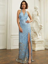 Halter Neck Backless Sequin Blue Prom Dress