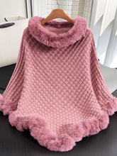 Plaid Soft Knitted Faux Fur Trim Poncho Shawl