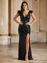 Black Feather Sequin Backless Prom Dress