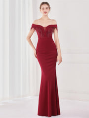 Off Shoulder Fringed Mermaid Prom Dress