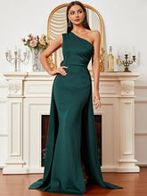 One Shoulder Green Maxi Knit Prom Dress