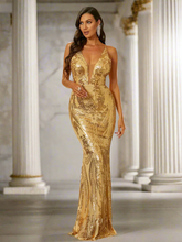 Sequin Gold V-neck Backless Mermaid Cocktail Dress